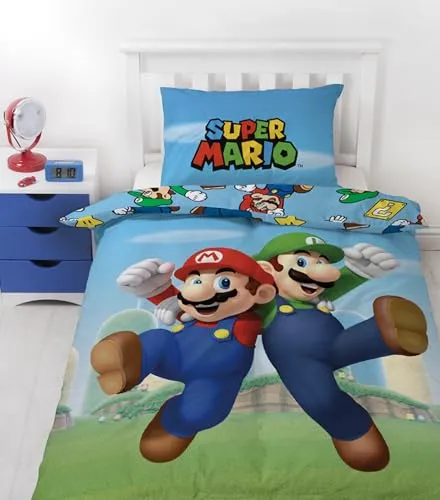Super Mario Bettwäsche für Kinder, Bettbezug 140 x 200 cm mit Kissenbezug 63 x 63 cm, Polyester-Mikrofaser, Motiv Mario und Luigi, Öko-Tex