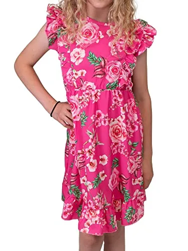 KMISSO Kinder Mädchen Blätter Blumen Midikleider Sommer Strandkleid Partykleider 30383 Pink 104