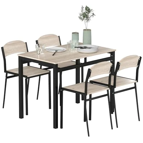 HOMCOM Essgruppe 5-tlg. mit Esstisch und 4 Stühlen - Kompakte Essgruppe für 4 Personen, ideal für kleinere Räume. Hergestellt aus langlebigem MDF und Metall, perfekt für gemütliche Abendessen oder Spieleabende.