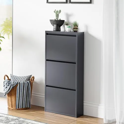 Schuhschrank Sokndal: Kompakter Schuhkipper mit 3 Klappen - Schuhablagen für 6 Paar Schuhe, platzsparend und mit dekorativer Ablagefläche für Schlüssel oder Deko – ideal für jeden Eingangsbereich.