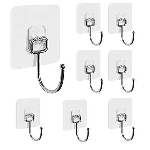 YANGWEN Selbstklebend Haken Transparent, 8 Stücke Küchenwandhaken Heavy Duty 20 kg (max.) Haken Wasserdicht,Abnehmbar,Küchenhaken für Küche Bad Wand & Decke Aufhänger.