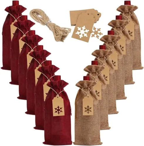 VEYLIN 6 Weihnachts Jutesack Set, 16x36cm Khaki Flaschensack, Nikolaussack für Geschenke, Christmas Jute Beutel mit Festive Design, Geeignet für Weinflaschen & Presents (rot und braun)