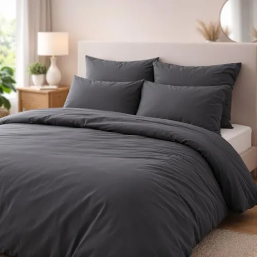 slummer Bettwäsche 155x220 Baumwolle 4teilig Anthrazit - Grau 2 Bettbezüge + 2 Kissenbezüge 80X80 cm, Oeko-TEX, Reißverschluss