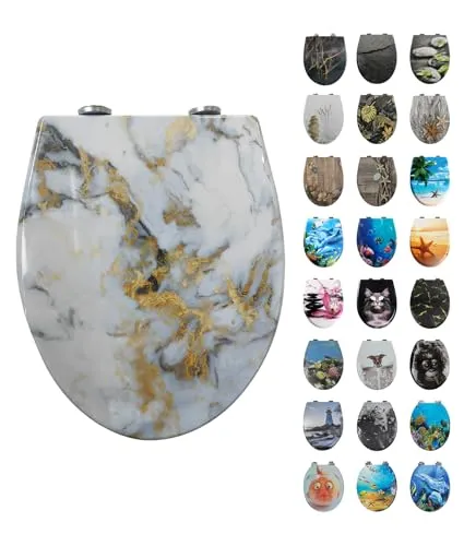 Toilettendeckel mit Absenkautomatik, WC Sitz mit Absenkautomatik Oval Form klodeckel Einfache Reinigung, Abnehmbarer WC-Sitz, 150kg belastbar, einfache Montage – Motiv: Weißer Marmor