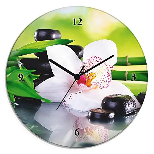 ARTland Glas Wanduhr Quarzuhr – Elegante Spa-Atmosphäre - Wohnaccessoires mit geräuschlosem Quarzuhrwerk und stilvollem Motiv von Spa Steinen, Bambus und Orchideen. Ideal für eine entspannende Atmosphäre in Küche oder Wohnzimmer.