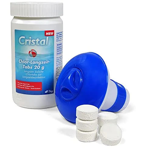 Cristal Chlor-Langzeit-Tabs 20 g + Dosierschwimmer | Langsam lösliche Chlortabs zur Langzeitdesinfektion | Sehr hoher Aktivchlorgehalt | Dosierung über Skimmer Stabilisator | 1 Kg