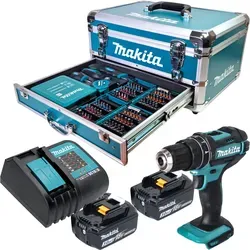 Makita DHP 482 SFX9 Akku Schlagbohrschrauber 18 V mit Zubehör - Vielseitiger Akku Schlagbohrschrauber mit 2x 3,0 Ah Akkus, Ladegerät und umfangreichem Zubehör. Ideal für präzises Arbeiten in Holz, Stein und Metall.