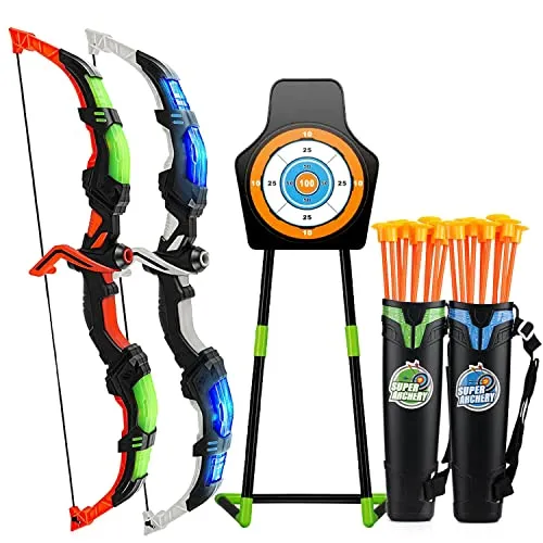 2-Pack Bogen und Pfeil Set für Kinder mit LED-Lichtern Bogenschießen Spielzeug Set 2 Bögen 20 Saugnapf Pfeile 2 Quivers 1 Standing Target Outdoor Spielzeug für Jungen Mädchen 3-12 Jahre alt