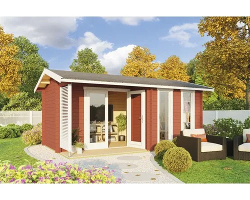 Gartenhaus Outdoor Life Riverside mit Fußboden 540 x 357,1 cm - Robustes schwedisches Holz-Gartenhaus mit Satteldach in Rot, ideal für Ihre Gartenprojekte und als Stauraum.