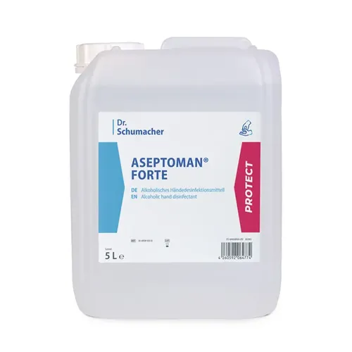 Dr. Schumacher Aseptoman® Forte Händedesinfektion 5L - Haut- & Wunddesinfektion: Parfümfreies Desinfektionsmittel mit Glycerin, bietet umfassenden Schutz mit begrenzter viruzider Wirkung in nur 30 Sekunden.