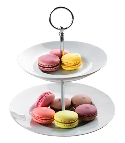 Home4You Etagere mit 2 Etagen und Tragegriff - Weiß - Porzellan - Metall - Ø 21 x H 23 cm - Servierplatte Servierständer Servierset