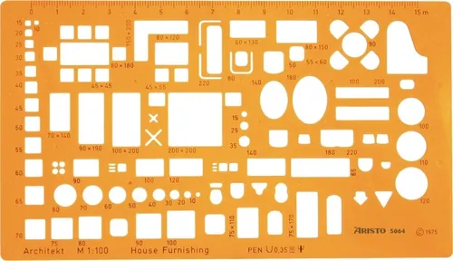 ARISTO Zeichenschablone Möblierungsschablone 1:100 - Bastelzubehör für präzise Einrichtungspläne im Maßstab 1:100, ideal für Wohn-, Schlaf- und Küchenbereiche. Robuste Kunststoffschablone in leuchtendem Gelb.