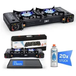 ZMC Gaskocher Doppel Campingkocher 2 Flammig - Campingkocher mit automatischer Piezo-Zündung und 2,3 kW Wärmeleistung, ideal für Outdoor-Aktivitäten, inklusive Tragkoffer und 20 Gaskartuschen für maximale Flexibilität.