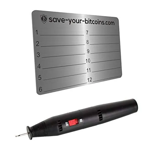Save-Your-Bitcoins Hardware Wallet Seed Phrase - Recovery (Backup) Metallplatte zur Passwortsicherung aus Edelstahl (V4A), Kit mit 1 Platte aus Edelstahl + Gravierstift