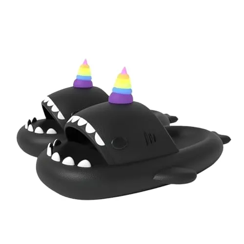 corimori Hai Einhorn Hausschuhe, Badeschlappen mit Regenbogenhorn, in Blau, Rosa oder Schwarz (Schwarz, EU Schuhgrößensystem, Erwachsene, Damen, Numerisch (von/bis), M, 38, 39)