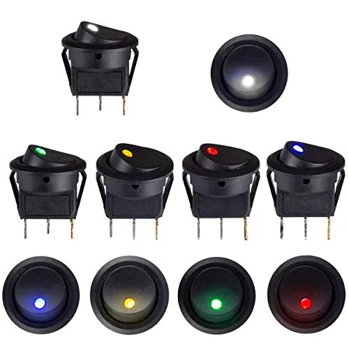 Kundorf 10pcs Kippschalter 12v beleuchtet wasserdicht Wippschalter 12V DC 20A Schalter Truck Trailer Auto KFZ LED Rundschalter Button mit 5 Farbe LED Dot Scheinwerfer für Abschleppwagen PKW Traktor…