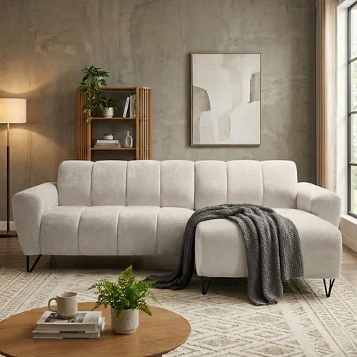 Ecksofa VOLARE MINI L-Form – Chenille Storm in Creme - Stilvolles Ecksofa mit dekorativen schwarzen Metallbeinen, modernem Design und komfortabler Sitzfläche. Ideal für elegante Wohnräume. Maße: 256x83x165 cm.