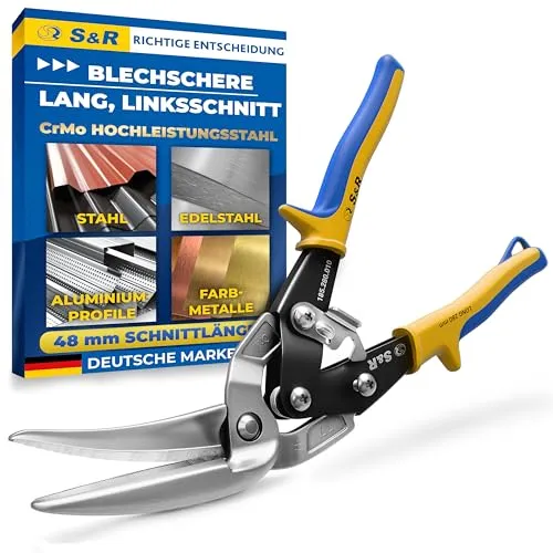S&R Blechschere Linksschnitt 280mm – Hochleistungsstahl mit Anti-Rutsch-Griffen - Präzise Linksschnitt-Blechschere für saubere Schnitte bis 48mm – ideal für Stahl, Edelstahl und Aluminium. Ergonomisches Design mit Sicherheitssystem für komfortables Arbeiten.