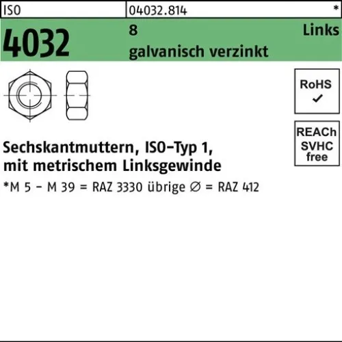 100er PACK(Stk) BUFAB 004032081040080000 Sechskantmutter ISO 4032 links M 8 8 ga