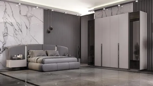 Schlafzimmer-Set DORA: Polsterbett, 2 Nachttische & Kleiderschrank – Grau - Modernes Schlafzimmer-Set mit 4 Teilen, inklusive geräumigem Kleiderschrank. Die elegante graue Farbgebung und das hochwertige Material schaffen eine stilvolle Atmosphäre.