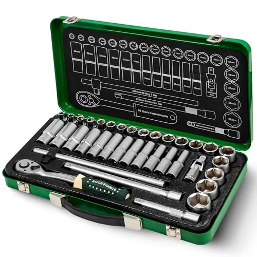 Rockforce Steckschlüsselsatz 36-tlg 1/2 Zoll – 6-Kant Nüsse 8-32 mm aus CR-V Stahl, 19 kurze & 12 tiefe Stecknüsse, Ratsche, 2 Verlängerungen, T-Gleitgriff & Kardangelenk im Metallkoffer
