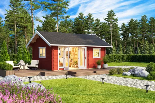 Gartenhaus Blockhaus 40 mm Caroline 2.1 rot Lasita - Vielseitiges Gartenhaus mit Schlafboden und 21,66 m² Nutzfläche, ideal für Gartenliebhaber. Mit abschließbaren Türen und isolierverglasten Fenstern für optimalen Komfort.