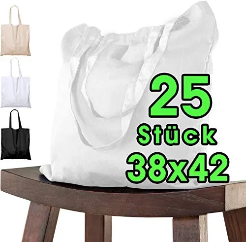 ELES VIDA 25er Set Baumwolltasche 38 x 42 cm unbedruckt, lange Henkel Stofftasche Tragetasche Umhängebeutel Baumwollbeutel Jutebeutel ÖKO-TEX® geprüft Stoffbeutel, Einkaufstasche, Jutebag Weiß