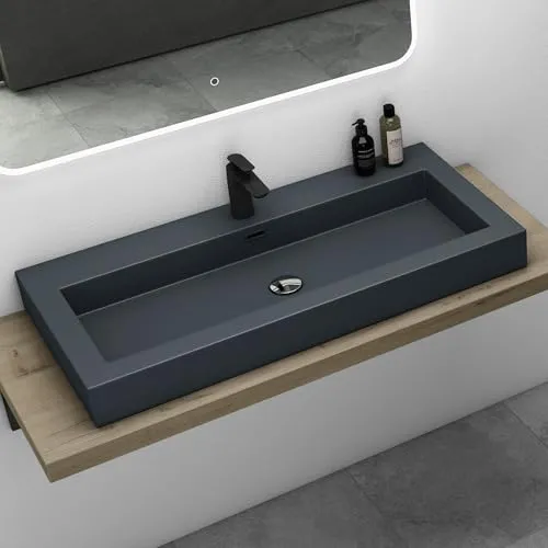 Mai & Mai Waschbecken Col18 - Elegantes Hängewaschtisch in Anthrazit - Waschplätze mit 1 Hahnloch, Überlauffunktion und aus hochwertigem Mineralguss – ideal für moderne Badezimmergestaltung.