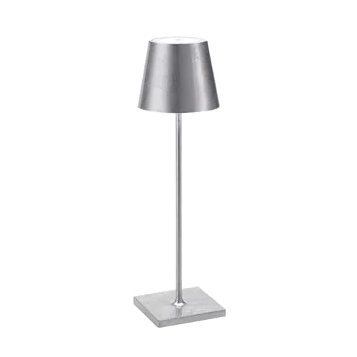 Zafferano Poldina Pro Tischlampe mit Silberfarbenem Blatt - Moderne, kabellose Tischlampe mit Touch Control und dimmbarer Lichttemperatur (2200-3000 K), ideal für stilvolle Innenräume.