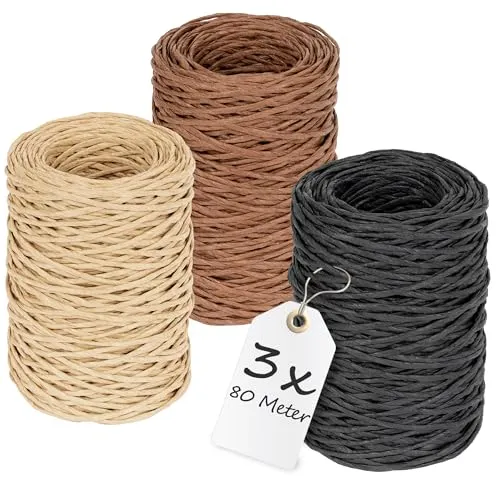 ECENCE Papierdraht zum Basteln 3x 80m, Blumenbindedraht & Dekodraht Natur für Blumenarrangements, Verpackungen, Hochzeiten, Weihnachten & DIY - Schwarz, Dunkelbraun & Beige