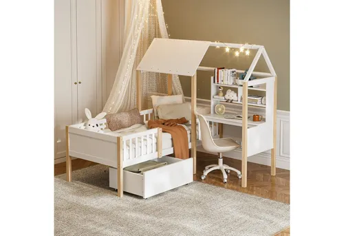 Okwish Hausbett Weiß aus Holz 90x200 cm für Kinderzimmer - Modernes Hausbett mit L-förmigem Design, integriertem Schreibtisch und Stauraum. Ideal für Lernen und Spielen, sorgt für Sicherheit durch Rausfallschutz und stabile Verarbeitung.