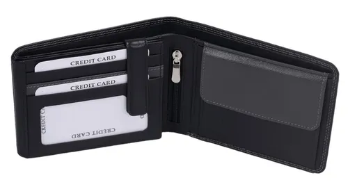 GlücksNugget Herrenbörse aus Leder - Schwarz/Grau, kompakt und praktisch - Elegante Geldbörse mit 11 Kreditkartenfächern und 2 Ausweissichtfächern. Ideal für die tägliche Nutzung und aus hochwertigem Leder gefertigt. Maße: 12,5x9,5x2,5 cm. Perfekt für alle, die Wert auf Stil und Funktion legen.