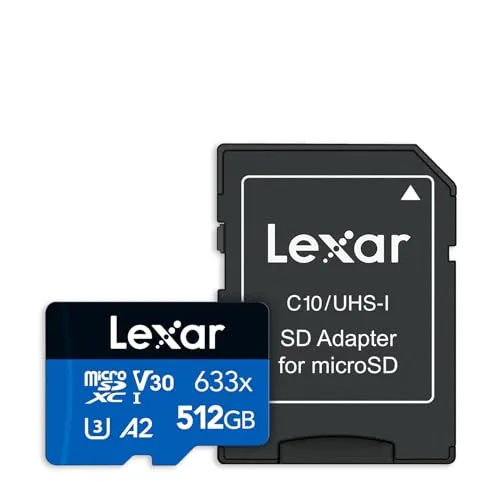 Lexar 633 x 512 GB MicroSDXC UHS-I Klasse 10 - Speicherkarten mit 512 GB, ideal für schnelle Datenübertragung und umfangreiche Speicherkapazität. Zwei Jahre Garantie gegen Fabrikfehler.