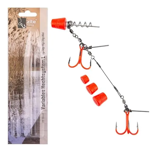 Zite Fishing Variables Hechtsystem | Größen S (9 cm) & L (13 cm) | Für 15–20 cm und 21–26 cm Gummifische | 4 Bleigewichte 5g 10g 15g 20g | Screw-Rig mit Stahlvorfach & Stinger (UV Neon, L)