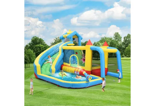 Flieks aufblasbare Hüpfburg Wasserpark mit Rutsche und Spielpool - Erleben Sie Spaß pur mit dieser 5-in-1 Hüpfburg! Ideal für den Sommer, verwandelt sie sich durch Wasseranschluss in einen aufregenden Wasserpark. Robustes Material und einfache Installation sorgen für sicheres Spielen im Freien.
