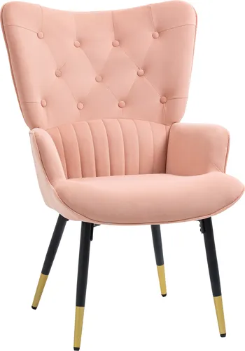 HOMCOM Einzelsessel, Schlafzimmersessel, Samtgepolsterter Wohnzimmersessel mit hohen Rückenlehnen, Armlehnen und Stahlbeinen, moderner Stil, 68 x 72 x 103 cm, Rosa
