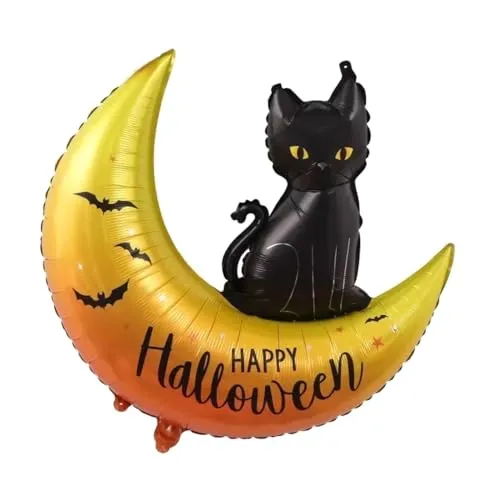 Folienballon Halloween - Schwarzer Kater und Mond, 88 x 76,5 cm – Gruselige Deko für Grusel-Party, Happy Grusel Ballon, Ideal für Luft oder Helium, perfekte Halloween-Dekoration für Party