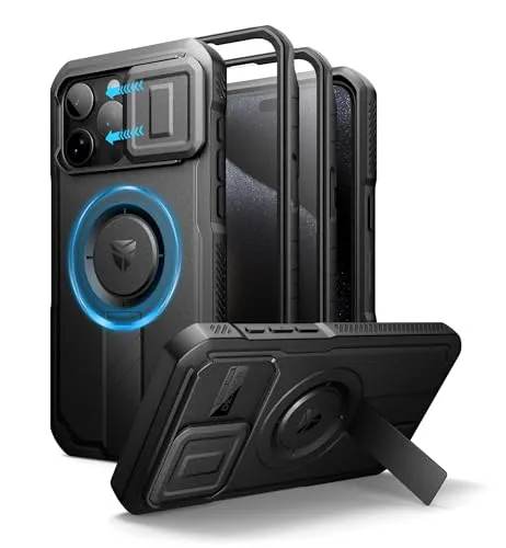 Dexnor Kompatibel mit iPhone 15 Pro Max Hülle mit Kameraabdeckung Schieben & Einstellbarer Kickstand & Integrierter Displayschutz, Robuste stoßfeste Bumper Heavy Duty Mangetic Schutzhülle - Schwarz