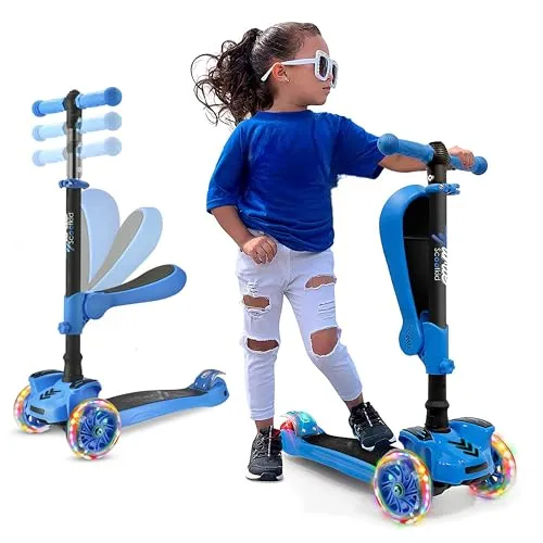 Hurtle 3-Rad-Roller für Kinder - 2-in-1 mit Klappsitz und LED-Lichtern (Blau) - Roller / Kickboards mit abnehmbaren Klappsitz, höhenverstellbar und farbenfrohen LED-Radlichtern für zusätzlichen Fahrspaß!
