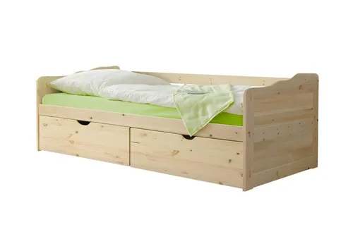 TiCAA Sofabett Funktionsbett Gästebett Melanie Kiefer Natur - Kinderzimmermöbel mit praktischem Stauraum! Das Sofabett 'Melanie' bietet zwei leicht ausziehbare Schubkästen und vereint Gemütlichkeit mit Funktionalität, ideal für kleine Räume.