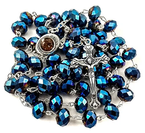 Nazareth Store Tiefblaue Kristallperlen Rosenkranz Halskette Katholisches Gebet Jerusalem Heiliger Boden Medaille Kreuz Heiliges Land Antike religiöse Rosenkränze Perlenkollektion (Dunkelblau)