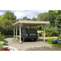 Skan Holz Flachdach-Einzelcarport Spessart 355 cm x 604 cm - Robuster Einzelcarport aus imprägniertem Leimholz mit flacher Dachform, idealer Schutz vor Witterung und optimaler Wasserabfluss durch beschichtete Aluminium-Dachplatten.