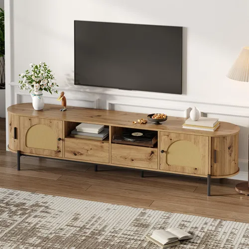 MODFU Ovaler TV-Schrank 200x49,5x40 cm mit Rattan & Schiebetüren - Multifunktionaler TV-Schrank in Holzoptik mit elegantem Rattan-Design, optimaler Stauraum und praktischen Kabeldurchlässen für eine ordentliche Wohnatmosphäre.