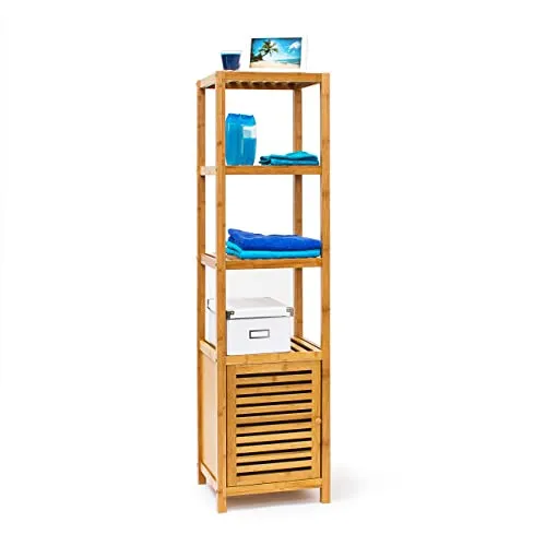 Relaxdays Badregal Bambus mit 5 Ablageflächen - Praktisches Holzregal HxBxT 140x36,5x33 cm - Ideal für Bad oder Wohnzimmer mit 5 Ablagen und Schrankteil mit magnetischem Verschluss für optimalen Stauraum.