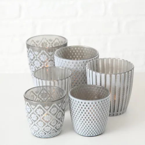RESTPOSTEN 6er SET Windlicht Grau für Teelichter Teelichthalter Romantisch Glas
