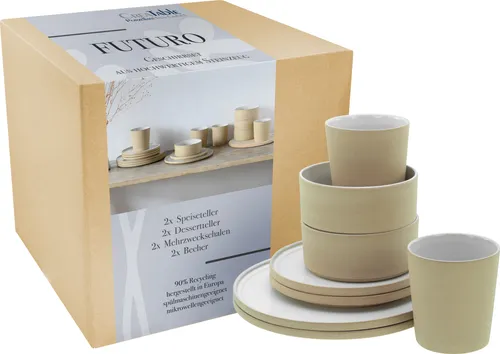 CreaTable - Futuro 8-tlg Kombiservice (Weiss) - Komplett-Service für 2 Personen, modernes Design aus Steinzeug, spülmaschinen- und mikrowellengeeignet – ideal für festliche Anlässe und den täglichen Gebrauch.