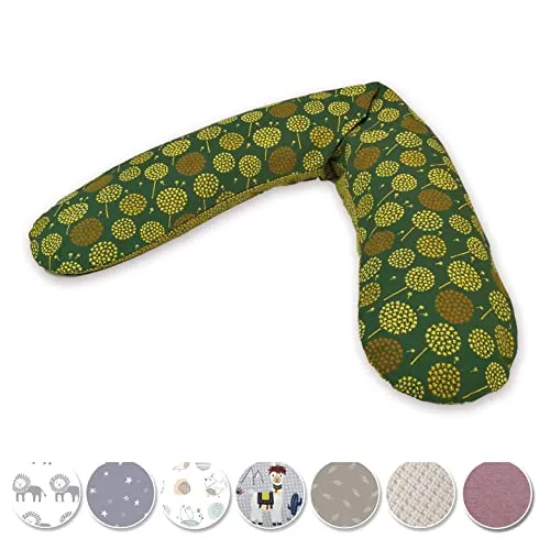 Theraline Das Original Schwangerschaftskissen & Stillkissen 190cm – Seitenschläferkissen Stillkissen Perlen – inkl Stillkissenbezug Pusteblume Dunkelgrün