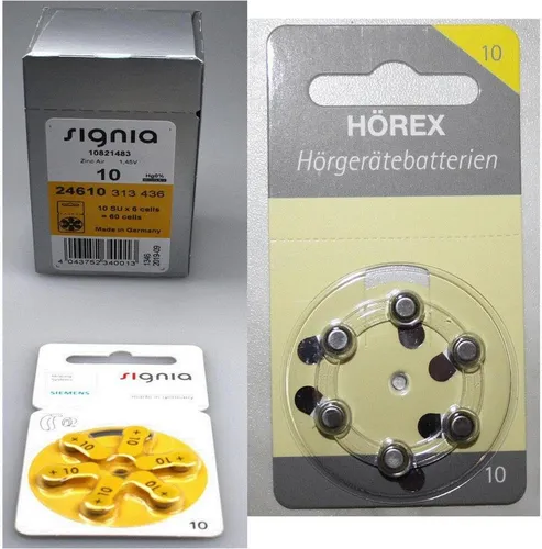 Siemens / Signia Hörgeräte Batterien 10er Pack mit 12 Testbatterien - 72 Stück Zink-Luft Batterien der Größe 10 für zuverlässige Energieversorgung von Hörgeräten. Ideal für den täglichen Gebrauch und lange Lebensdauer.