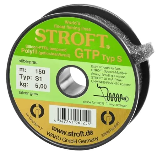 STROFT GTP Typ S 1 Silbergrau 150m - Hochwertige geflochtene Angelschnur, 0,15 mm Durchmesser und 5 kg Tragkraft, ideal für präzises Angeln und hohe Belastungen.