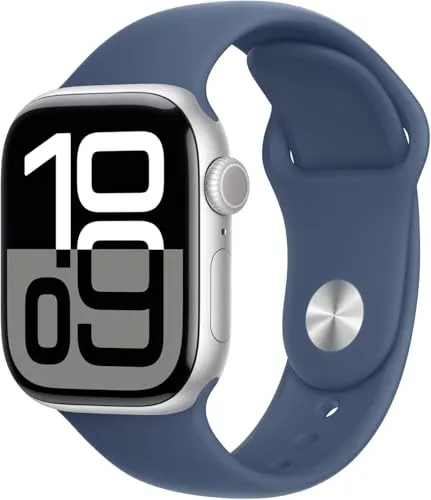 Apple Watch Series 10 (GPS, 42MM) Aluminiumgehäuse in Silber und Sportarmband in Denim, S/M (Generalüberholt)